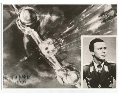 Heinz-Martin Hadeball, WW2 Luftwaffe ace 33 night victories signed 9 x 6 b/w photo of bomber in flight and inset portrait pho