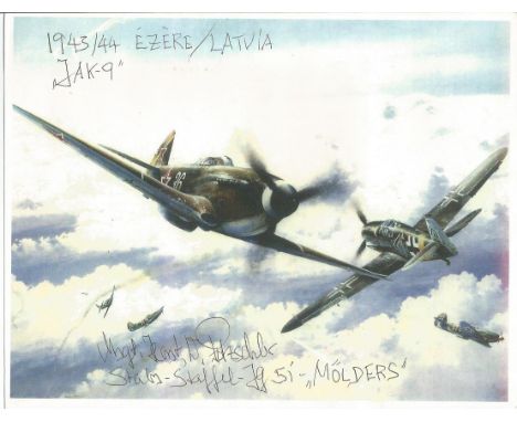 Luftwaffe ace Horst Petzschler signed 11 x 8 colour print of dogfight. Horst Petzschler was credited with 26 victories in 297