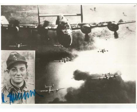 Eduard Neumann WW2 Luftwaffe ace signed 9 x 6 b/w photo of bombers in flight and inset portrait photo. Luftwaffe officer and 