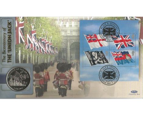 Flags and Ensigns Union Jack Benham 2001 official coin FDC PNC. C01/92 Miniature stamp sheet with 1 crown Isle of Man United 