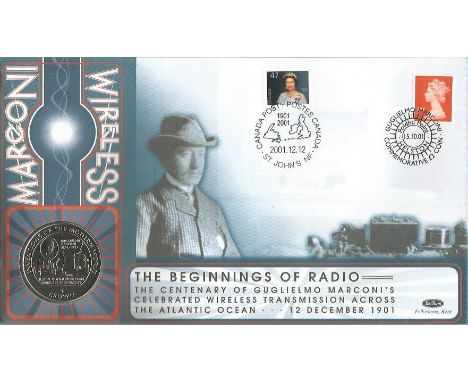 Marconi Wireless Benham official 2001 coin FDC PNC. C01/93. GB & Canada stamp and postmark with 1 crown Isle of Man Marconi c