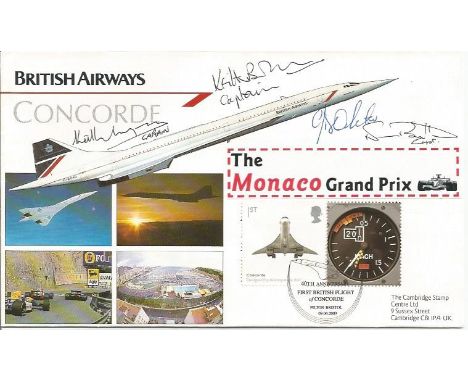 Concorde signed flown cover. BA Concorde, cover design featuring the Monaco Grand Prix. Multi-signed Capt. P. Baker, Capt. N.