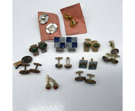 Lot includes Inlaid shell; Blue rhinestone; Aztec style with green rhinestone; green stone; green stone in gold toned metal; 