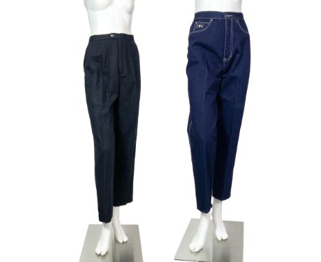 Set of two vintage pairs of pants. Includes one pair of Sergio Valente denim blue jeans with white stiches. and one pair of J