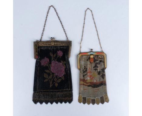 Magnificent duo that includes a Whiting and Davis mesh clasp bag with a Whiting and Davis tag, and a Mandalian black clasp ba