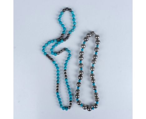 Terrific duo of beaded necklaces that consists of a blue and silver no clasp necklace, and a silver large beaded necklace acc