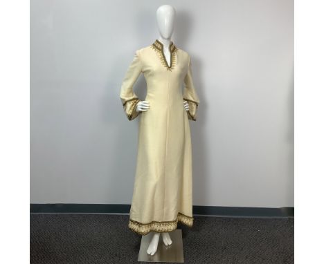 Ivory Linen Weave full length gown. Mandarin collar V neckline. Long zipper back. Full viscose lining. 3/4 length sleeves wit
