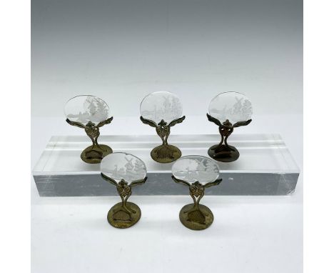 Bronze ornate metal holder balancing etched glass waterway scene with boat and windmill. Issued: 20th centuryDimensions: 1.25