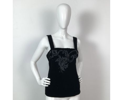 Luxurious vintage Natori black velvet camisole with beaded design on the chest. Label: Natori. Size: M. Bust: 17''W. Camisole