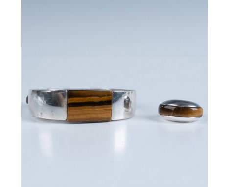 Sterling silver bangle with tigers' eye inset stone with hinged opening (8.5") 60.46g and domed adjustable ring with inset ti