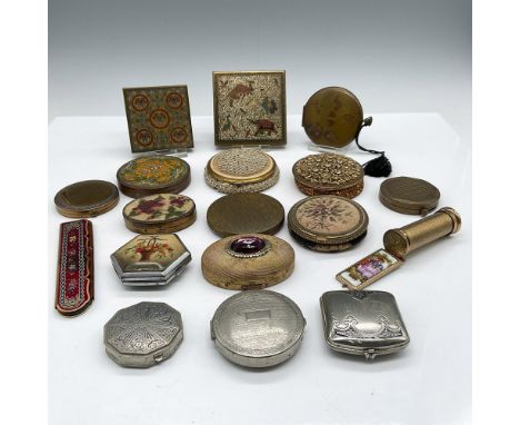 Collection of compacts, lipstick case, pill boxes and comb case. Cases are gold and silver toned with etched, enameled, embro