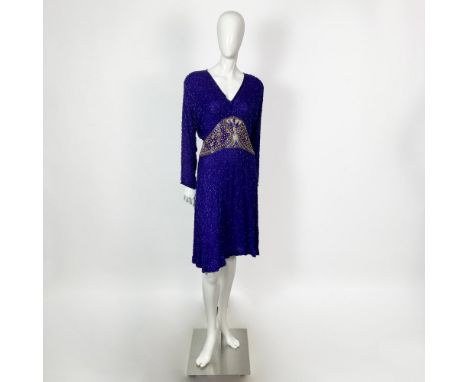 Original vintage Judith Ann Creations purple silk evening dress with a V neck and dolman sleeves that tapper down to the fitt