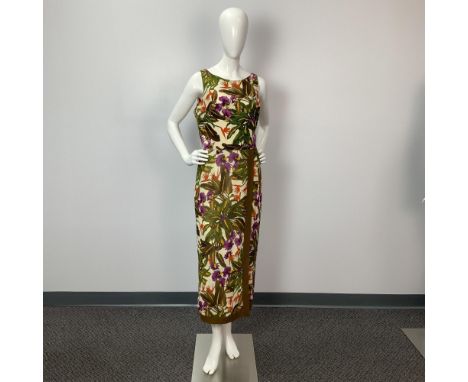 Lovely Kay Unger NY sleeveless birds of paradise and orchids flower pattern cocktail dress with folding light brown border th