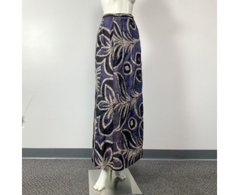 Vintage Bohemian chic blue silk long wrap lined skirt with gold sequins patterns on off-white silk fabric. Snap fasteners. Wa