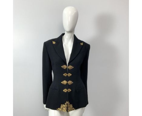 A vintage classic style black wool jacket with intricately detailed gold-toned buttons and embellishments. Bust: 18"W. Sleeve