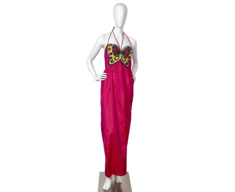 Pretty vintage fuchsia extra-long spaghetti straps silk dress featuring a low bustier embroidered with a sequin and bead butt