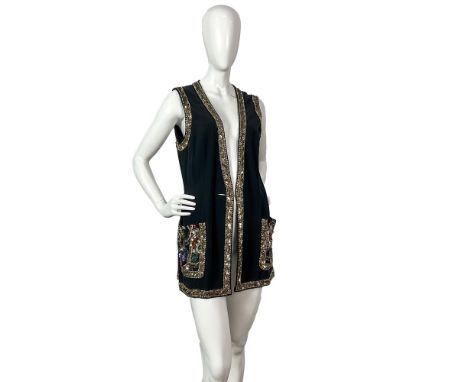 Original vintage Blacktie Oleg Cassini evening open black vest with embroidered gold color sequins and beads on the borders. 