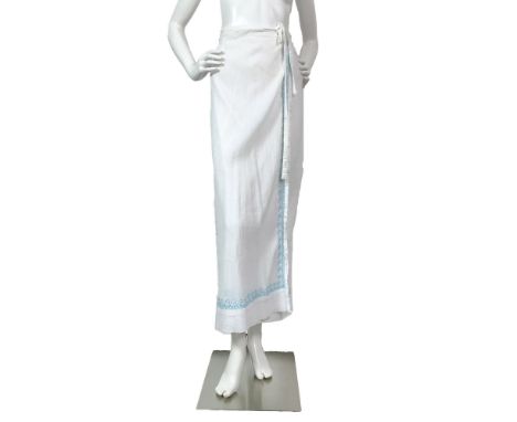 Original vintage Rupees wraparound white cotton skirt with baby blue embroidered wave design. Skirt width (fully open): 41"W.