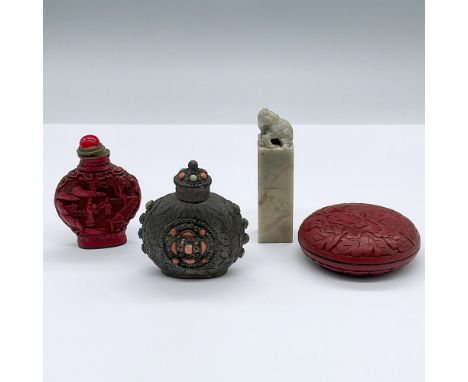 Features a series of vintage items including two snuff bottles, a shoushan stone seal with a horse carved at the top, and a s