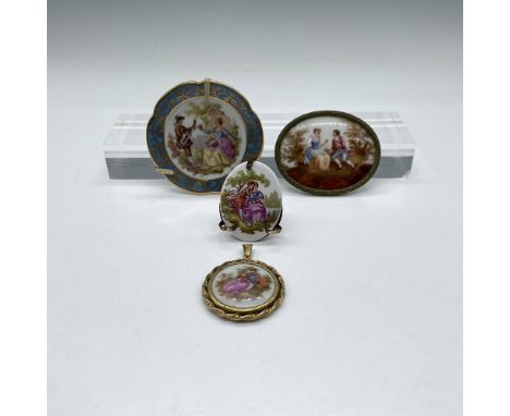 Lot includes - Porcelain framed plate in blue with gilded design (2.75" dia.) and gilded banded porcelain pendant with hand p