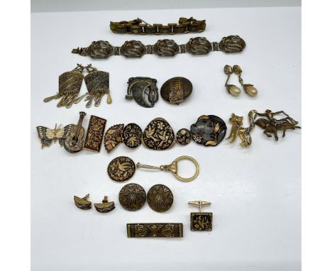 Mixed metal is etched with gilt or enameled design. Lot includes - Unicorn bracelet 9"L; etched link bracelet 7"L; etched dan