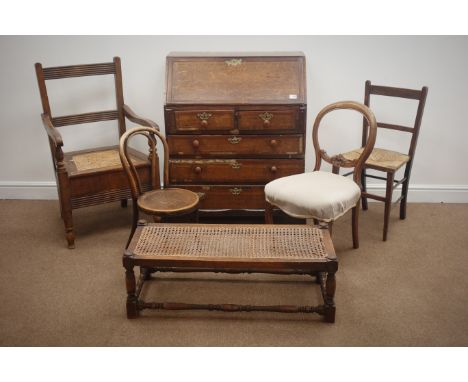 Early 20th century oak bureau, fall front enclosing fitted interior, two short and two long drawers, shaped bracket supports,