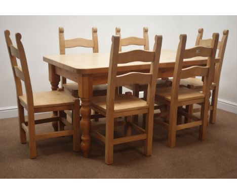Rectangular waxed pine dining table with turned supports (152cm x 86cm, H75cm), and set six beech ladder back dining chairs C