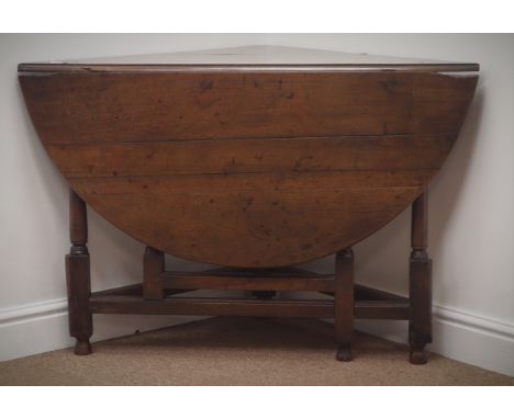 18th century oak corner table, gate leg turned supports, square stretchers, W104cm, H96cm, D69cm Condition Report Click here 