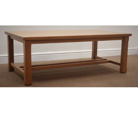 Light oak rectangular coffee table, square chamfered legs joined by stetchers, 125cm x 70cm, H46cm Condition Report Click her