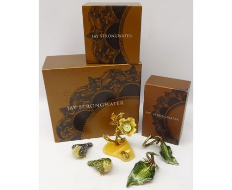Jay Strongwater enamel 'Growing Vine' clock on quartz base, pair leaf shaped napkin rings and salt & pepper shakers in the fo