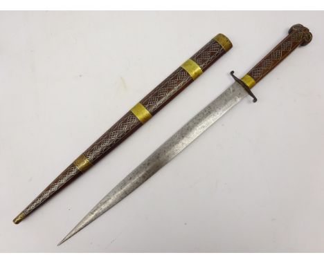 North African knife, grip and scabbard inlaid with wirework, blade length 35cm Condition Report Click here for further images