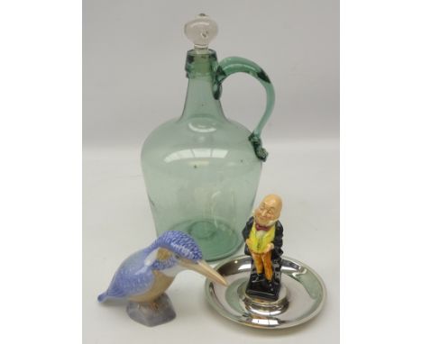 Copenhagen Kingfisher no. 3234, plated dish mounted with Royal Doulton figure Mr Micawber and a glass bottle shaped decanter 