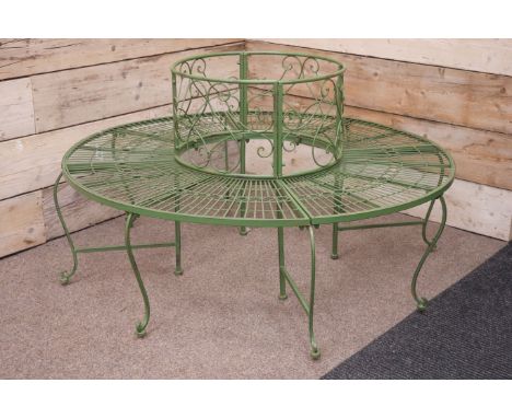 Circular green painted metal tree surround bench, D140cm