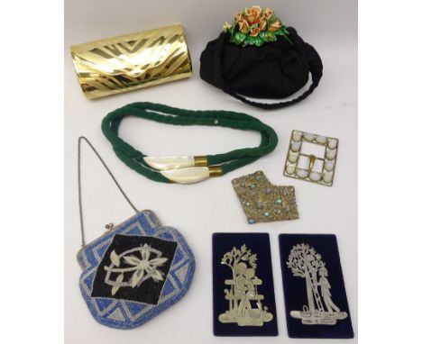Harrods gilt metal clutch bag with Tiger skin patina, vintage purse with painted bakelite clasp moulded as roses, beaded purs
