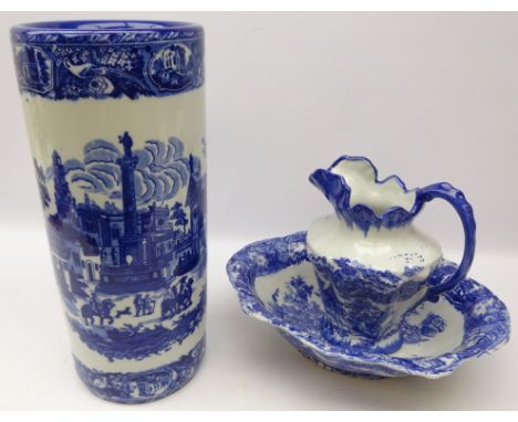 Victorian Ironstone style blue and white wash jug and bowl and stick stand, H45cm  Condition Report Click here for further im