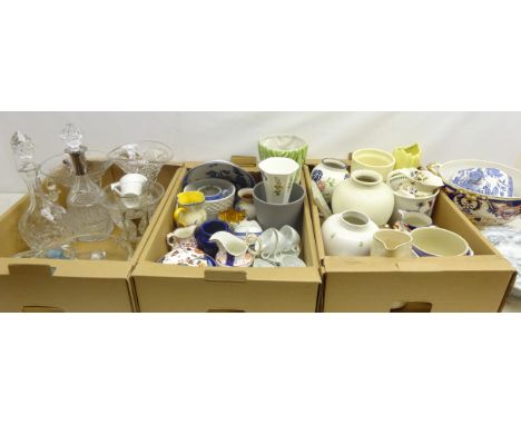 Collection of glassware and ceramics including a decanter with silver-plated mount, Victorian milk glass jug, Coalport shell 