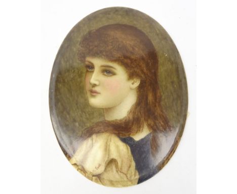 Early 20th century oval porcelain plaque hand painted with a portrait of a young girl signed A. M. Earl, H25.5cm  Condition R