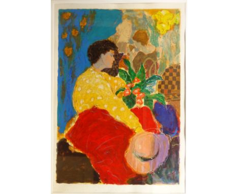Seated Lady in a Cafe, 20th century limited edition lithograph No121/350 indistinctly signed 94.5cm x 65.5cm
