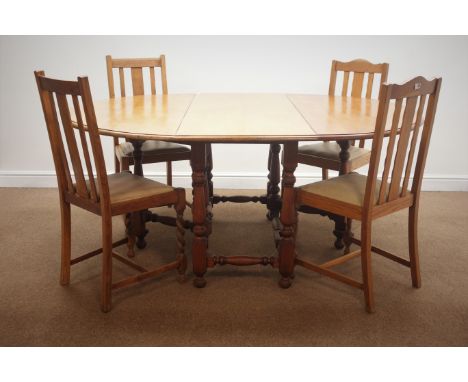 Early 20th century light oak drop leaf table, gate leg action, turned supports (137cm x 175cm, H75cm) and four oak chairs wit