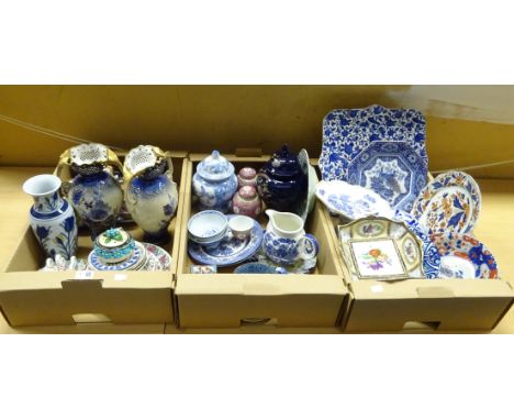 Pair of Victorian blue and white vases, Minton blue and white square dish, Victorian imari pattern tea service and other deco