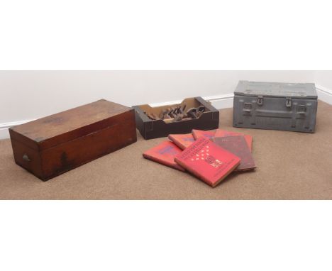 Early 20th century mahogany storage box, brass corners and decorative carry handles (W76cm, H26cm, D37cm), various wooden han
