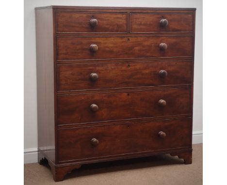 George III mahogany chest, rectangular top with reeded edge, two short and four long graduating drawers, bracket feet, W118cm