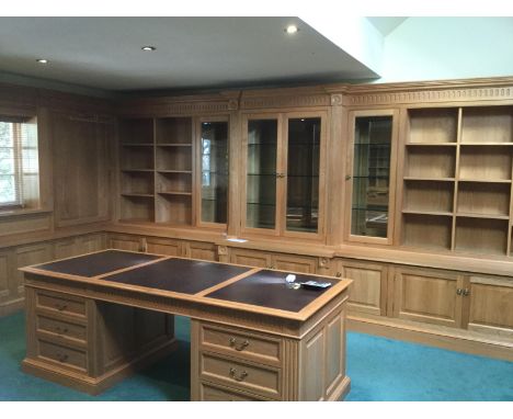 Bespoke craftsman made superior quality polished light oak panelled study library office comprising bookcases, lit by inset h