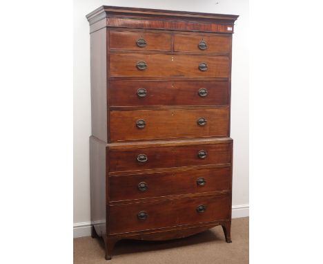 Early 19th century mahogany chest on chest, projecting cornice, two short drawers and six long graduating drawers, shaped apr