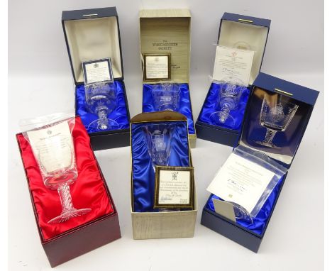 Six Stuart Crystal limited edition commemorative glass goblets - York No.40/500, York Minster No.165/500, QEII Silver Jubilee