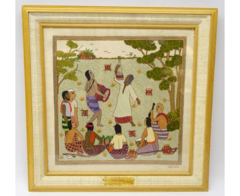 South Asian framed silk needlework depicting figures playing musical instruments limited ed. 46/250, L38cm x W38cm 