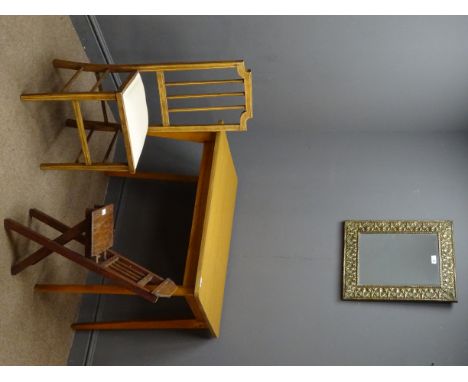 Child's or doll's mahogany stick back folding chair, with shaped bar back and X shaped frame (H66cm), a small beech chair wit