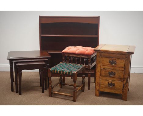 Narrow rustic bedside chest, three drawers (W45cm, H60cm, D40cm), Stag nest of thee tables, an open bookcase, two stools and 