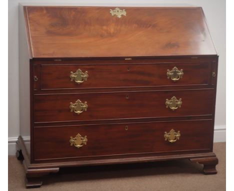 Georgian mahogany bureau, fall front enclosing fitted interior, three graduating drawer, ogee bracket feet, W118cm, H101cm, D