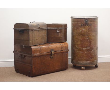 Vintage cylindrical flour bin, hinged lid and clasp, castors (D48cm, H84cm), a rectangular tin trunk and two another tin cont